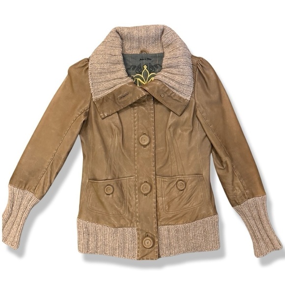 MACKAGE Tan Leather & Knit Sweater Jacket - Picture 1 of 6